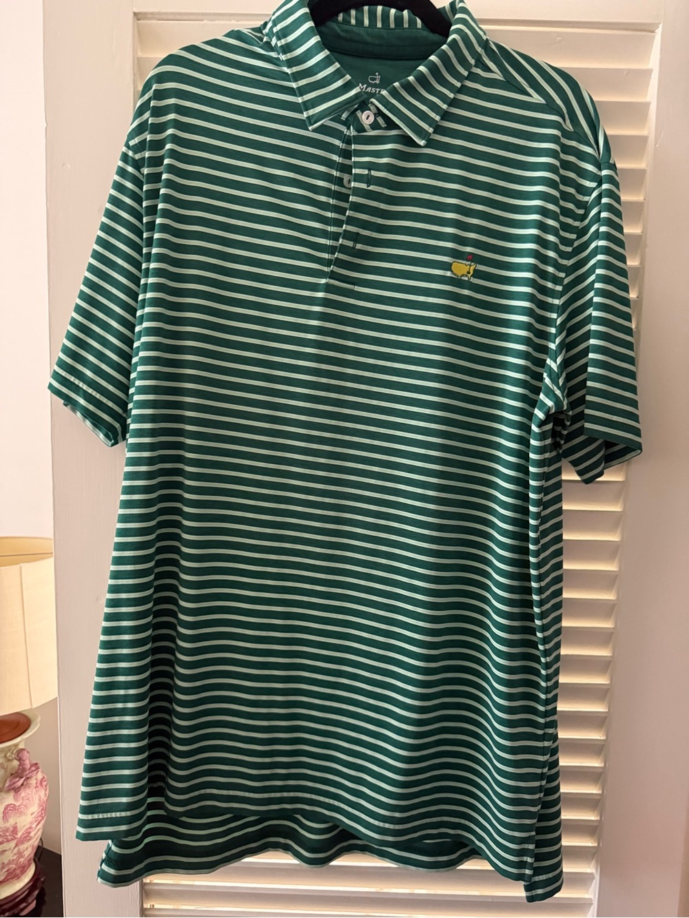 Masters Green and White Striped Golf Polo with Embroidered Logo